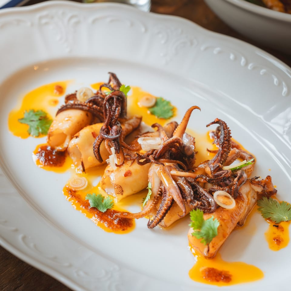 Grilled squid with crispy tentacles, chili oil, and fresh cilantro on a white plate.