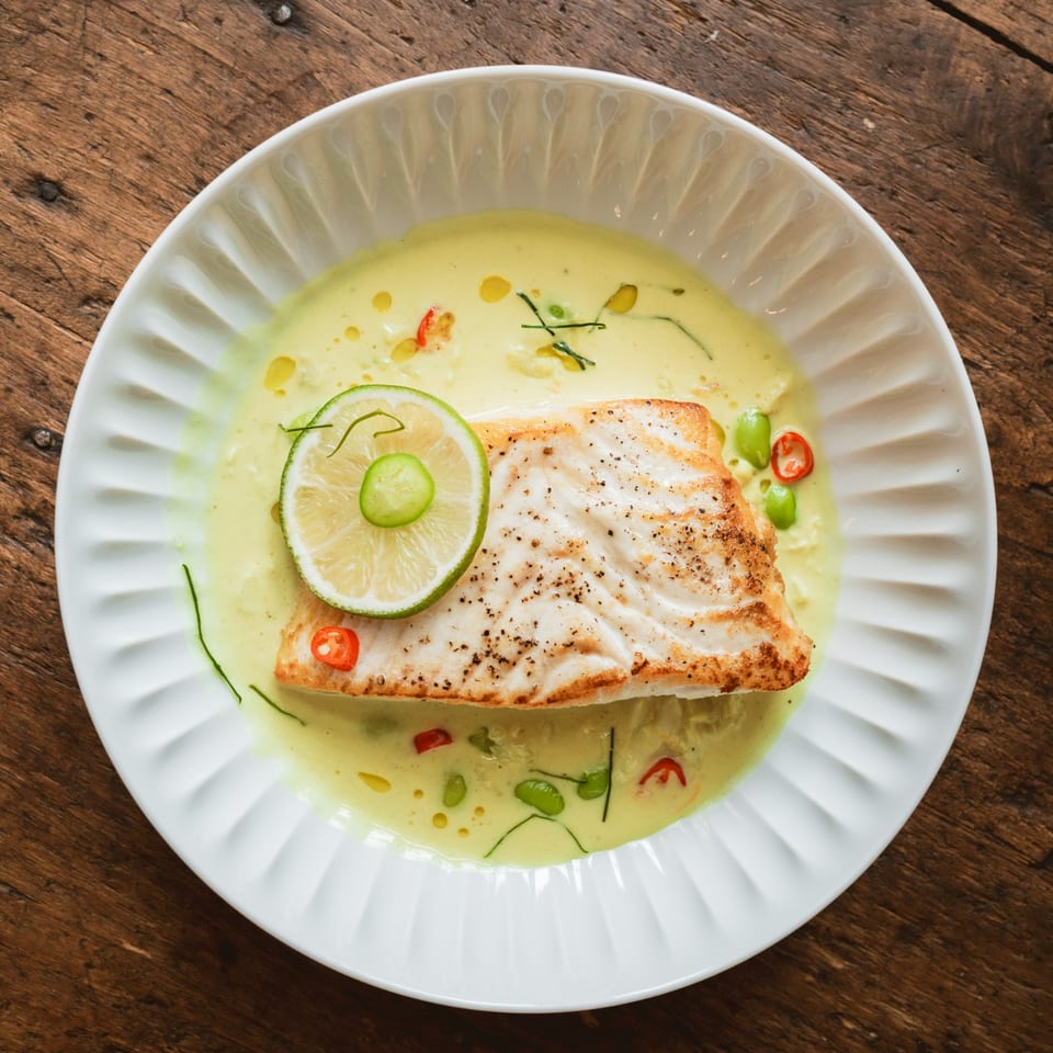 Grilled fish in a light green curry sauce, garnished with lime, chili, and green beans.