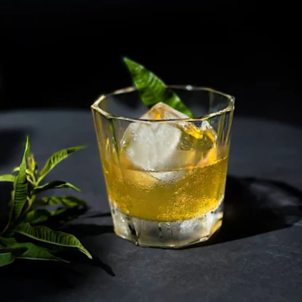 A golden cocktail with a large ice cube and green garnish, next to green leaves.