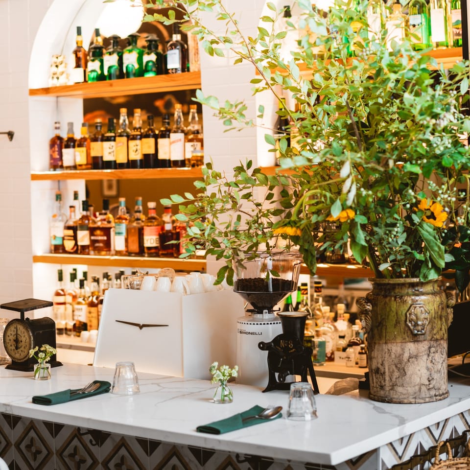 A well-stocked bar with bottles on shelves, a coffee grinder, and a plant in a decorative pot.
