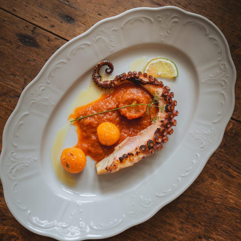Grilled octopus with red sauce, yellow tomatoes, and a lime wedge on a white plate.