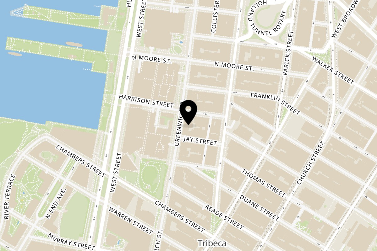 Map showing the location of Teakwood Thai Chophouse on 345 Greenwich St in New York